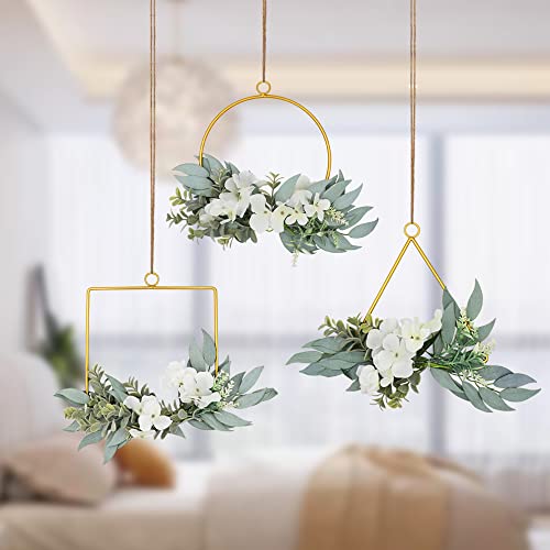 Liucogxi Artificial Flower Hoop Wreath Set Of 3 Hydrangea Flowers White And Willow Leaves Vine Metal Ring Garland Hanging For Front Door Wedding Backdrop Wall Nursery Home Decoration #TOP1