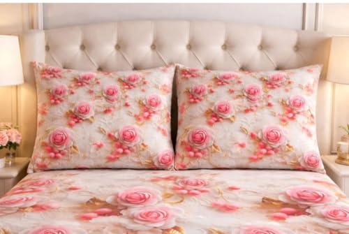 Image of King Size Bedsheet, Polycotton, 7D Floral Rose Print, Pink White and Gold, 3 Piece Set (Pink, White, and Gold 3D Rose Print)