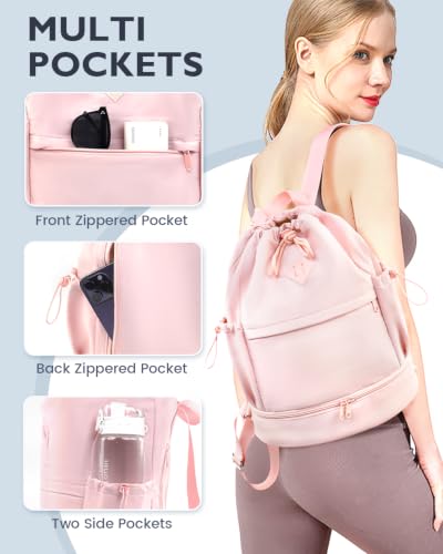 Image of RHDZO Drawstring Gym Backpack with Shoe Compartment and Wet Pocket, Pink | String Backpack for Men Women, Drawstring Bag for Sports Swim Beach Soccer Volleyball, Adjustable Shoulder Strap