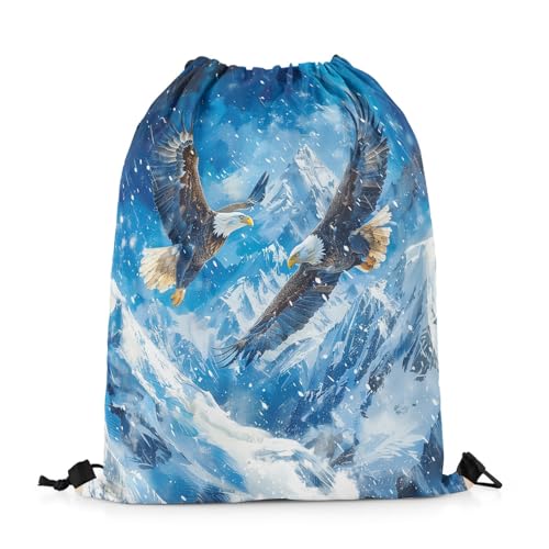 Castle Fairy 3D Flying Eagle Drawstring Backpack,Snow Mountain Scenery Drawstring Bag,Wild Animal Theme Adjustable Draw String Bag,Lightweight