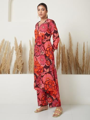 Lookmark Women's 3/4 Sleeve Floral Printed Kurti Pant Set, Cotton Blend, Knee Length, Stylish Ethnic Outfit, Office, And Casual Occasions (Az-Lm-Og1-Ks2168-S) Red