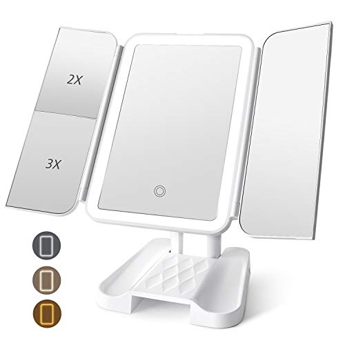 homeasy [Dernière Version Miroir Maquillage Tactile Triptyque, Miroir Grossissant 2X/3X, Miroir Lumineux 68 LED 3 Modes d'Éclairage, Double Alimentation, Rotation 270° pour Table et Voyage