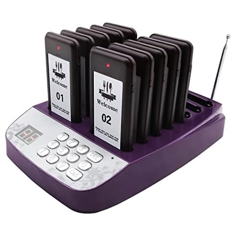 Daytech Pager System Social Distancing Buzzer Wireless Guest Calling 10 Pagers for Restaurants, Shop, Food Truck, Church, Clinic, Hotel, Nursery, Food Court Waterproof Chargeable Beepers Cover