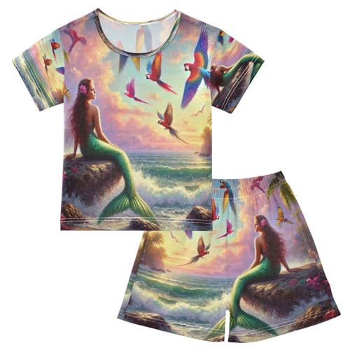 Summer Mermaid Beach Pajama Set Short Sleeve PJS 2 Piece Summer Pajamas Shorts Sets Cotton 5Y