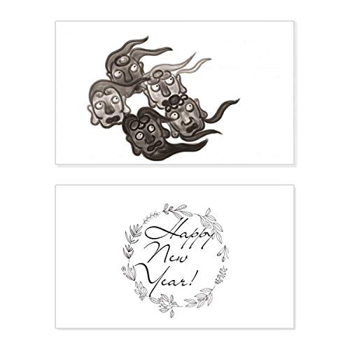 Tarjeta de Año Nuevo con ilustraciones de cinco duendes estilo tinta china