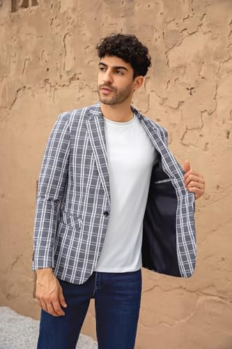 Mens Casual Checkered Suit Blazer Jacket Slim Fit 1 Button Plaid Lightweight Sport Coats4