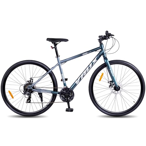 Image of Vaux City-Pro Hybrid Cycle for Men with Gears|21 Speed Shimano Gears| 19 Inch HI-Ten Steel Frame| Dual Disc Brakes| 700x35C Tyres|Double-Wall Alloy Rims (Grey-Blue, Multispeed, Rigid Fork)