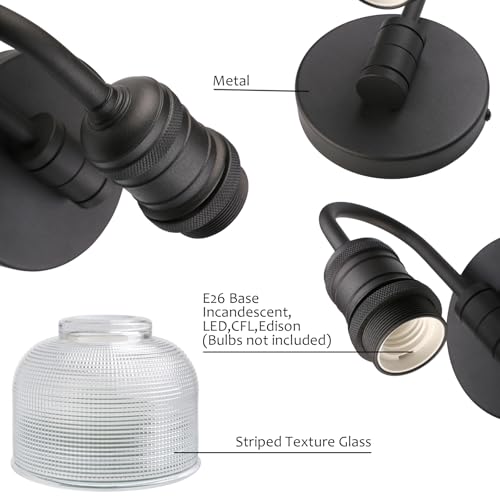 Image of Yosoan Brass Boho Vintage Wall Sconce with Striped Shade, 1-Light Modern Vanity Light Industrial Single Wall Mounted Hardwired Bowl Texture Glass Shade for Living Room Bedroom Kitchen Hallway(Black)