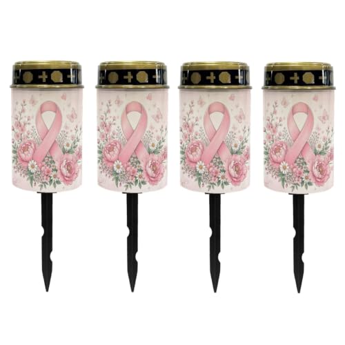 Image of Poceacles Cemetery Candle Grave Lights Outdoor Waterproof Decoration Pathway Lights Garden Solar Candle for Garden Lawn Decor, Pink Ribbon Floral Butterfly, Set of 4