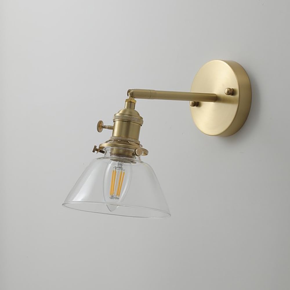 Applique da Parete Moderna in Ottone Spazzolato, Lampada da Parete retrò Regolabile con Interruttore Rotante, Paralume in Vetro, Lampada da Parete in Rame Industriale Vintage E27, apparecchio di