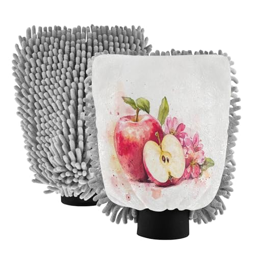 STAYTOP Watercolor Apples Pattern Car Wash Mitt Microfiber, 2Pcs Scratch Free Lint-Free, Premium Chenille Microfiber Mitt Car Wash Brush-M