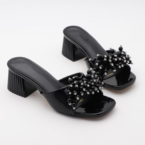 Womens Chunky Heeled Sandals Pearl Chunky Heel Slip-On Slides Sandals Square Open Toe Backless Mules3
