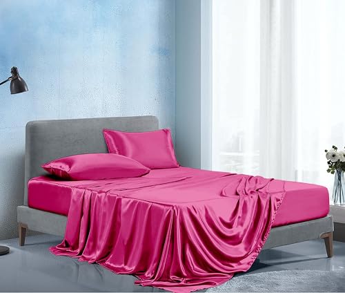 Image of Soft and Silk Satin Bedsheet for Double Bed - 400 TC Romantic Bedsheet Set for Bedroom | Bridal Wedding Bedsheet with Pillow Cover | Ideal for Gifting Hot Pink, Double Bed