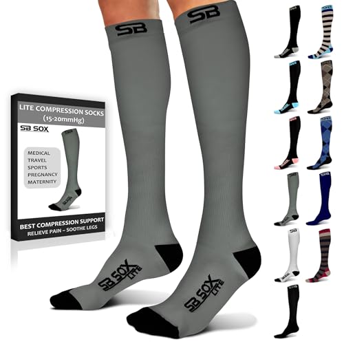 SB SOX Lite Compression Socks for Men & Women (15-20mmHg) – Best Compression Socks for Travel, Sports, and Daily Wear - XXL Sizes too! (Gray/Black, L/XL)
