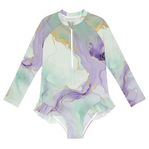 ALAZA Swimsuit for Girls Long Sleeve Rashguard Bathing Suit Marble Aqua Purple Quick Dry 4T