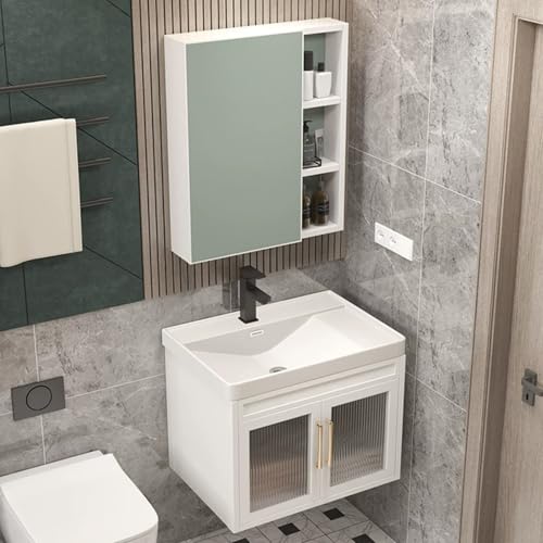 YUGXTH Lavabo sobre Encimera, Lavabo de Cerámica, Lavabo de Cerámica con Gabinete de Espejo, Gabinetes de Almacenamiento Montados en La Pared, para El Patio de La Cocina del Hogar