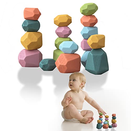 Promise Babe Bois Jouet d'empilement 18 PCS Pierres d'empilement arc-en-ciel Bébé Enfants Pierres d'équilibre Montessori Jouets éducatifs Jouets d'empilement Construction Jouets d'empilement 3+ Cover