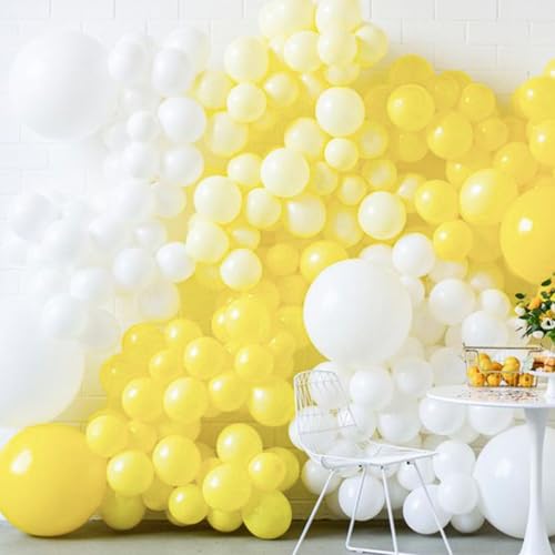 Image of PartyWoo Yellow and White Balloons, 140 pcs Pastel Yellow and White Balloons Different Sizes Pack of 18 Inch 12 Inch 10 Inch 5 Inch for Balloon Garland Arch as Birthday Decorations, Party Decorations