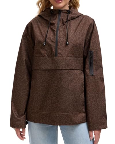 PUFFIT Rain Jacket Women Womens Lightweight Anorak Pullover Hoodie Jacket Water Resistant Mocha Leopard S