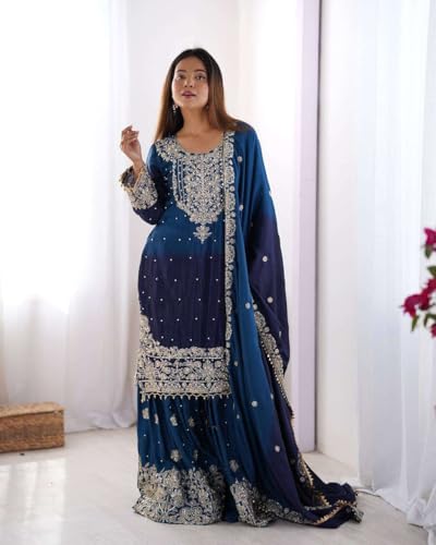 UNIQUE CRAFT MDWomen's Chinon Silk Sequence With Rivet Moti Work Straight Kurta With Sharara and Dupatta Set4