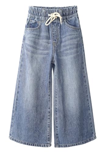 KIDSCOOL SPACE Girls Jeans, 5-14T Wide-Leg Loose Elastic Waist with String Flared Denim Pants