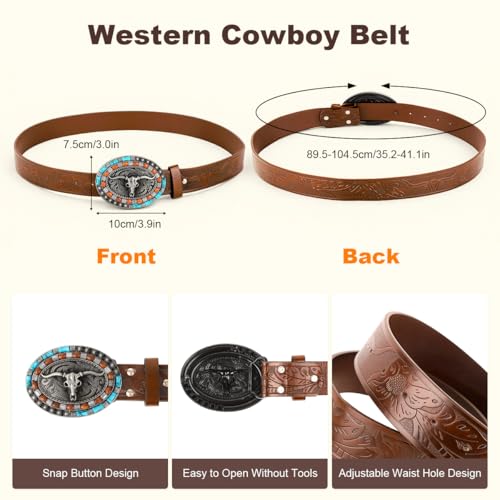 Image of GUSTAVE Belts for Men Western Cowboy PU Leather Men Belt Waist Engraved Waist Belts for Jeans 120cm /47in