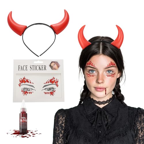 Festicy Teufel Haarreif Set I Teufel Hörner mit 25 ml Fake Blut und Gesicht Sticker I für Teufel...