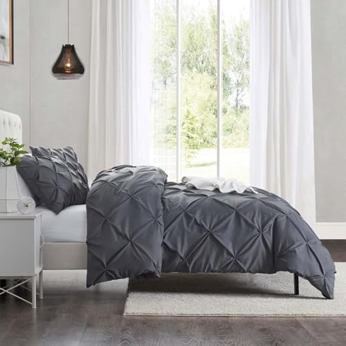 Image of Nestl Dark Grey Duvet Cover Full Size - Soft Double Brushed Duvet Set with Button Closure & Corner Ties, 3 Piece Luxurious Pinch Pleated Duvet Cover Set 80x90 Inches with 2 Pillow Shams