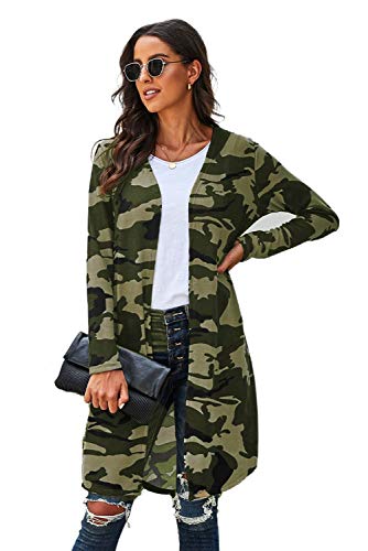 Meufam Women's Lightweight Long-Sleeve Longer Length Cardigan Leopard Camouflage Print Knit Outwear Coats