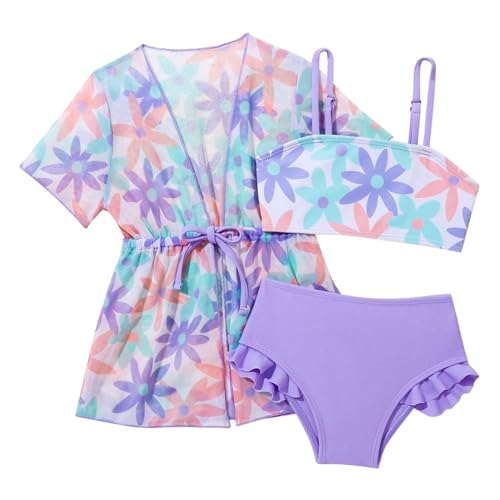 Girls Flower Bikini Set 3-Piece Spaghetti Strap Swimsuits with Kimono Cover Up | Quick Dry Bathing Suit for Teens