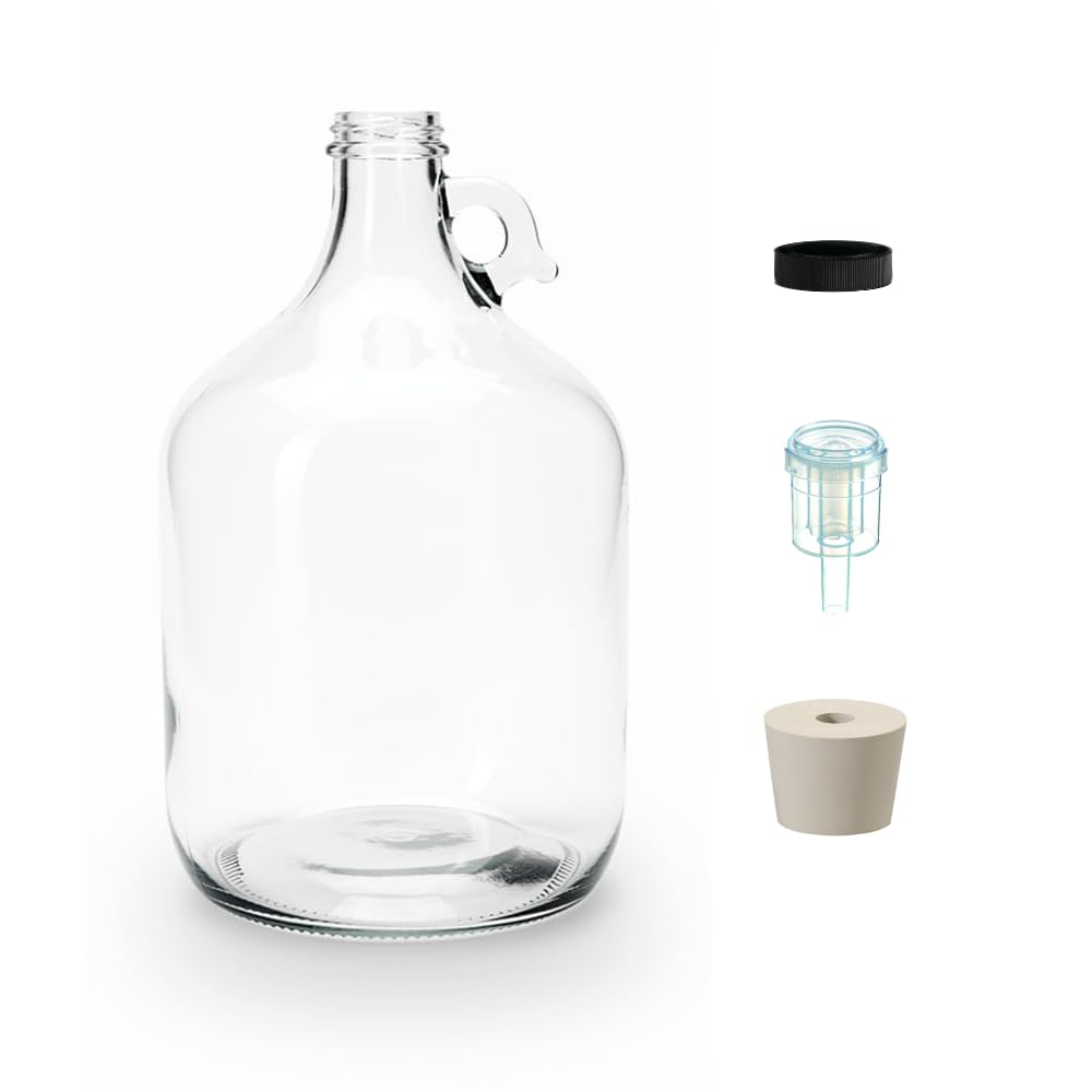 North Mountain Supply Kit di brocca per fermentazione in vetro da 1 gallone con 2 pezzi Airlock, tappo forato #6.5 e coperchio nero Polyseal | per vino, birra, kombucha e idromele