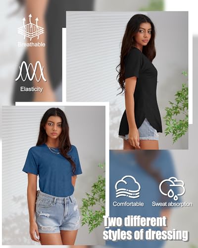 Huukeay 4 Pack Women's Short Sleeve T Shirts, Casual Raglan Summer Tunic Tops Crewneck Loose Side Split Hem Workout Tee Shirt4