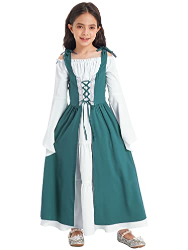 Girls Halloween Retro Gown Renaissance Faire Dress Long Flare Sleeve Lace Up Maxi Princess Dress