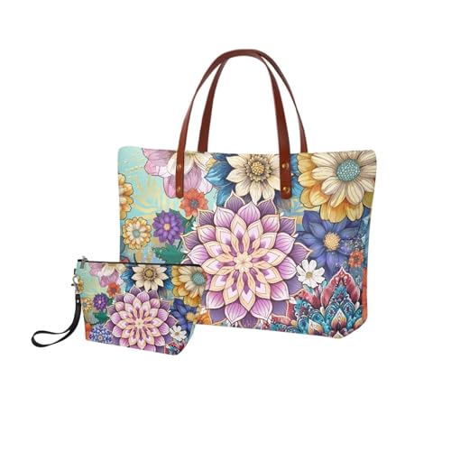 Salabomia Boho Flower Shoulder Tote Bag for Women, Large Purse and Wallet Set Lightweight Top Handle Purse with Matching Make Up Bag, Durable Satchel Purse Hobo Bag for Travel, Working, Purple