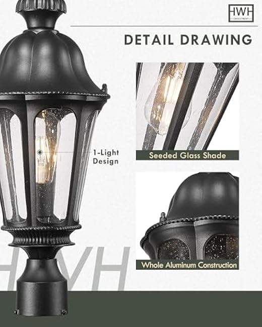 HWH Outdoor Post Lights Lamp Post Light Fixture, 22'' Large Post Lamp Pole Lantern with Seeded Glass, Exterior Column Pillar Lights Waterproof, Matte Black, 5HW90P-M BK