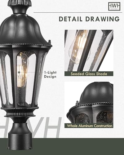 Image of HWH Outdoor Post Lights Lamp Post Light Fixture, Seeded Glass, 5HW90P-M BK