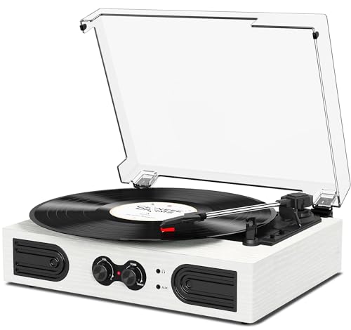 Vinyl Record Player with Built-in Speakers, Vintage 3-Speed Turntable, Bass/Treble Control, Headphone Jack, RCA/AUX Outputs, Belt-Driven LP Player, Pink