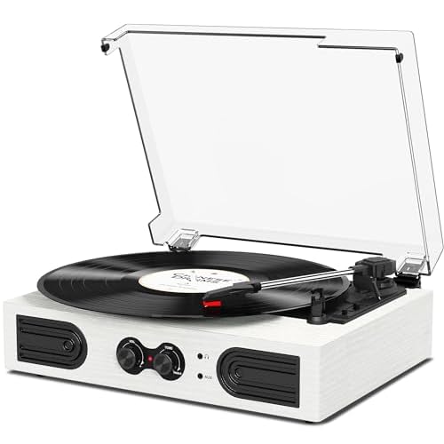 Vinyl Record Player with Built-in Speakers, Vintage 3-Speed Turntable, Bass/Treble Control, Headphone Jack, RCA/AUX Outputs, Belt-Driven LP Player, Pi