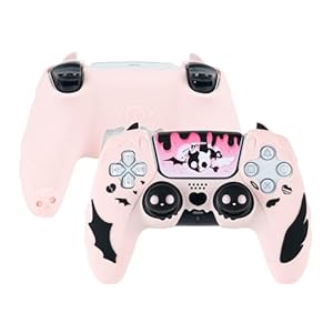 GeekShare PS5 Controller Skin Set,Anti-Slip Silicone Protective Cover Skin Case for PlayStation 5 Wireless Controller with 2 Thumb Grip Caps and 1 Sticker – Sweetheart Skull (Pink)