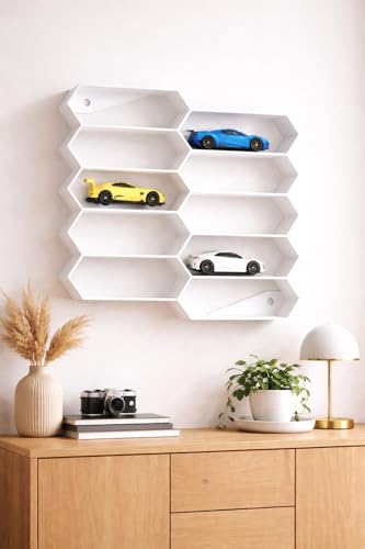 Image of 10-Car Hexagon Wall Rack Compatible with Hot Wheels Stand & 1:64 Die-Cast Cars | Stackable Wall Car Display Organizer with Side Guards & Screw Slot|Home & Office Decor (NO CAR INCLUDED)(White)