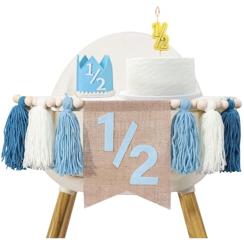 Auroriel Banner de aniversário 1/2 para criança com cadeira alta, grinalda de 6 meses com borlas e pérolas de madeira, decoração de aniversário azul para quarto infantil, Sa