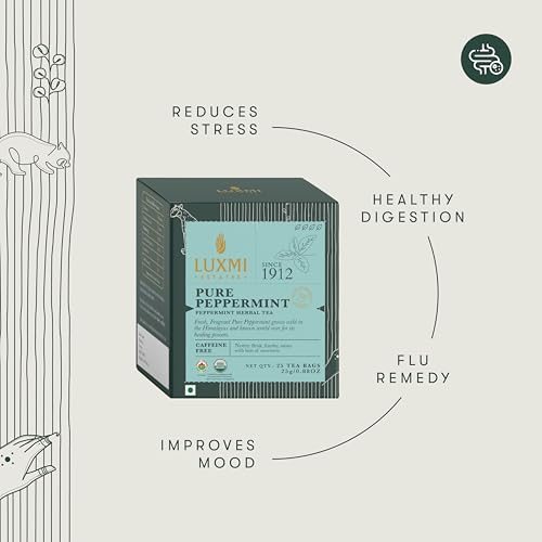 Image of Luxmi Estates Pure Peppermint Tea, 25 Tea Bags (50g, 1.76oz) | USDA Organic Single-Ingredient Whole Leaf Peppermint | Caffeine-Free Herbal Infusion for Digestion, Refreshment & After-Dinner Sipping, Vegan & Non-GMO