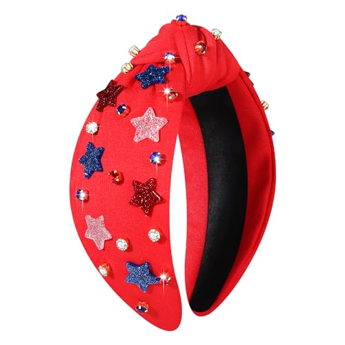 7月4日 ヘッドバンド 女性用 アメリカ国旗ヘッドバンド 愛国心が強い赤 青 白 星結び ヘッドバンド 装飾 ラインストーン ワイド トップ ノットヘッドバンド 7月4日 ヘアアクセサリー 衣装ギフト (赤 2)