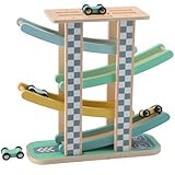 MERKAN, Holzbahn - Auto Rutsche - 4 Etagen, 4 Etagen, 4 kleine bunte Spielzeug, für Kinder ab 18 Monate Holzbahn Marmor Kinderautobahn