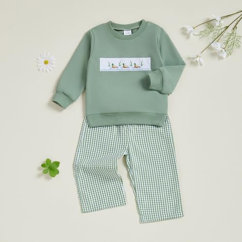 Baby Boy Fall Outfit Toddler Hunting Clothes Long Sleeve Duck Embroidery Crewneck Sweatshirt Pants Set2
