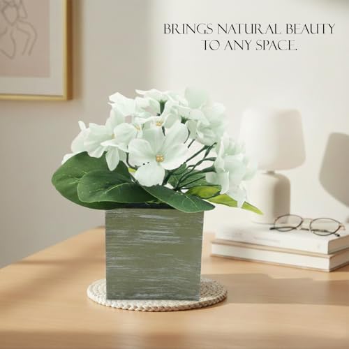 Image of KARP Artificial Potted Plants, 20Cm Height Mini White Hydrangea Flower Plant with Pots Home Decor, Indoor Artificial Ornamental Plant for Living Room, Office Desk & Bathroom, Decorative