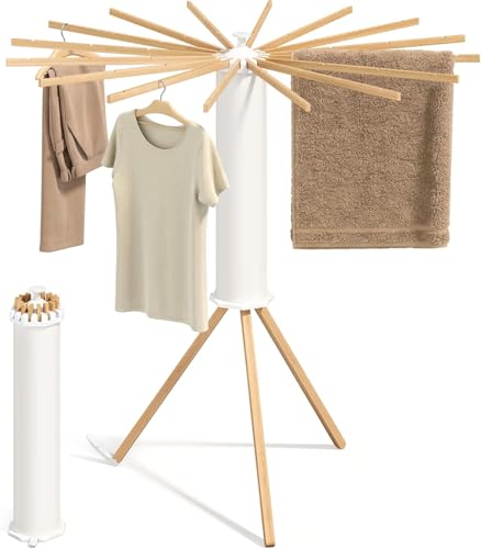 Image of JD FRESH 360 Rotating Cloth Drying Rack /16 Wooden Foldable Cloth Hanging Stick /Space Saving Stand for Cloth Drying /Tripod Portable Laundry Hanger for Balcony /Bathroom (White)
