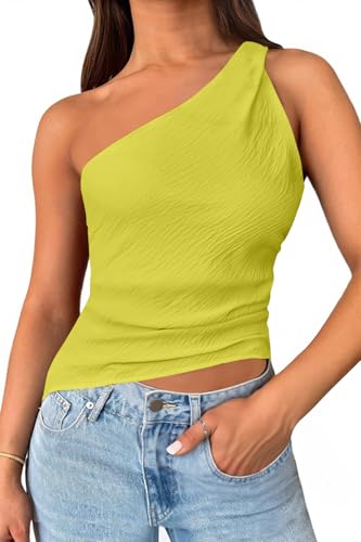 Cicy Bell Womens One Shoulder Tank Tops Summer Going Out Tops Ruched Asymmetrical Sleeveless Shirts Yellow Green