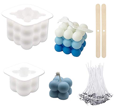 ICEYLI 3D Silicone Soy Candle Mold, Overlapping Balls Sphere Mold Handmade Soap Ornament Mold with 50 Candle Wicks and 2 Wooden Candle Wick Holders for DIY Crafts Making Handicrafts Candle Decorations