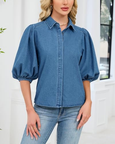 Women's Puff Sleeve Denim Shirt Button Down Lightweight Casual Jean Blouses4